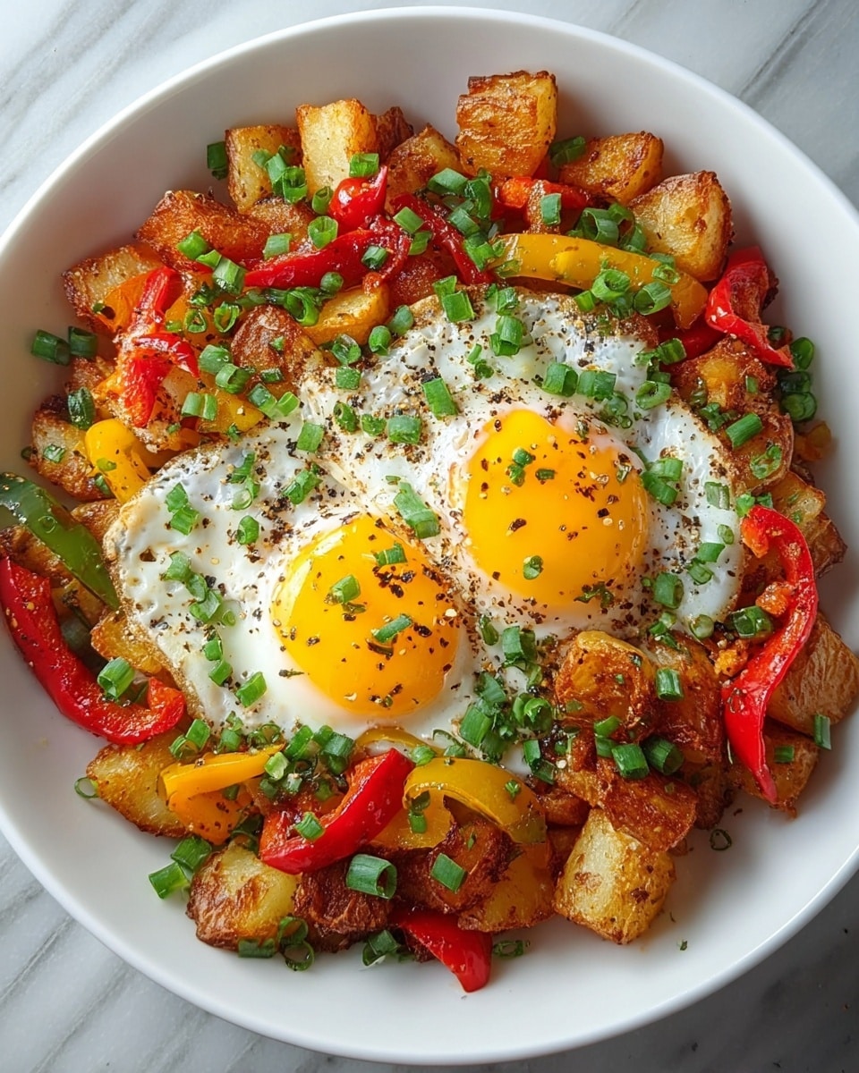 This dish is served in a white bowl with a base layer of golden-brown roasted potato cubes mixed with red, yellow, and green bell pepper slices. On top, there are two sunny-side-up eggs with bright yellow yolks and cooked white edges. The dish is sprinkled with chopped green onions and cracked black pepper, adding small green and black accents across the surface. The white marbled background contrasts softly with the colors of the food, making it look fresh and vibrant. photo taken with an iphone --ar 4:5 --v 7