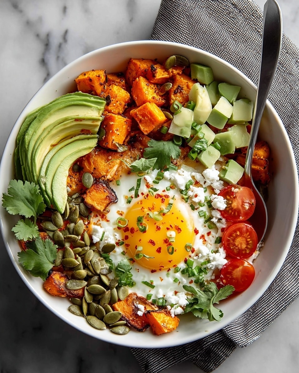 A white bowl filled with a colorful layered dish on a white marbled surface. Starting from the bottom right, there are roasted sweet potato cubes with a slightly charred look, topped with green pumpkin seeds and fresh cilantro leaves. On the top right, there are diced avocado pieces next to the sweet potato. In the center, a sunny-side-up fried egg with a bright yellow yolk and white edges is sprinkled with red seasoning and green onion slices. To the left of the egg, halved cherry tomatoes with a glossy red color sit on a bed of white crumbled cheese. The bottom left corner features three slices of fresh avocado with a smooth green texture, also lightly sprinkled with seasoning and seeds. A silver spoon rests on the sweet potato side, and a folded gray napkin is beside the bowl. Photo taken with an iphone --ar 4:5 --v 7