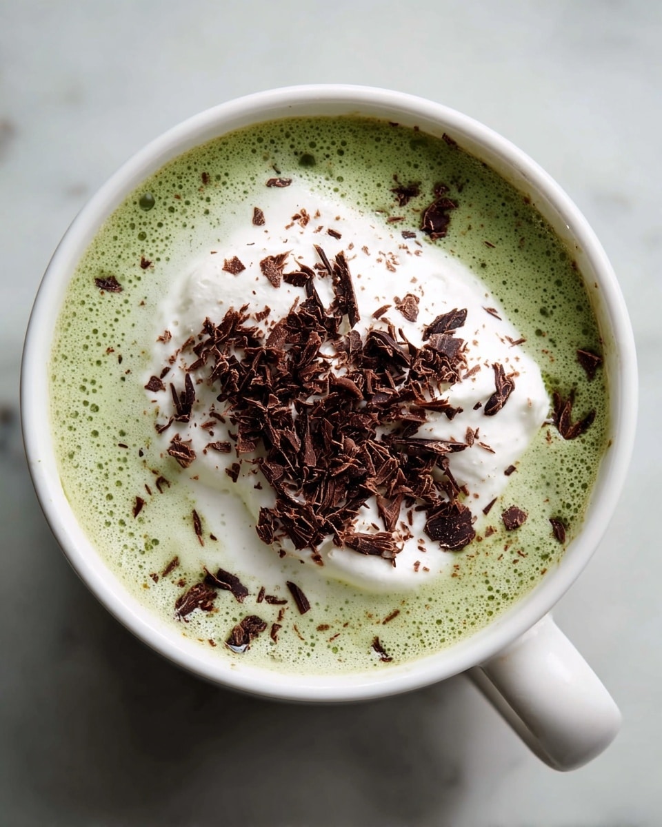 A white cup filled with a foamy light green matcha drink, topped with a thick layer of white whipped cream in the center, sprinkled generously with dark brown chocolate shavings. The drink’s surface has a creamy swirled texture showing lighter and darker green tones around the whipped cream. The cup sits on a white marbled surface with soft natural light highlighting the creamy texture of the foam and the rough texture of the chocolate pieces. photo taken with an iphone --ar 4:5 --v 7
