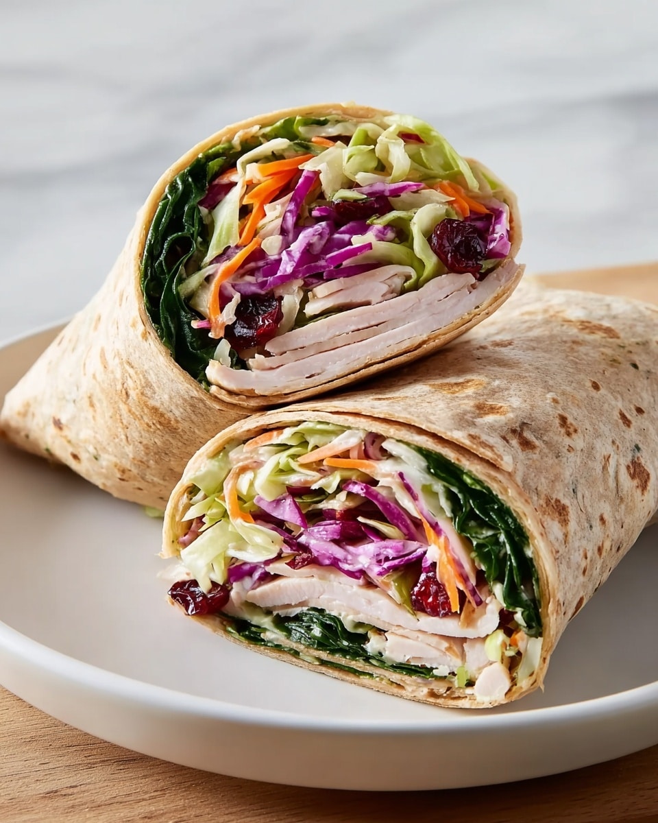 The image shows two halves of a wrap sandwich placed on a white plate with a white marbled surface underneath. The outer layer is a light brown, soft flatbread with slight toasting marks and a textured surface. Inside, the wrap has a layer of fresh green spinach leaves at the base, followed by thick slices of white turkey breast with a smooth texture and some black pepper specks. On top of the turkey, there is a colorful mix of crunchy shredded vegetables, including green cabbage, orange carrots, and purple cabbage, all coated lightly in a creamy dressing, with some dried red cranberries scattered through the layers. Photo taken with an iphone --ar 4:5 --v 7