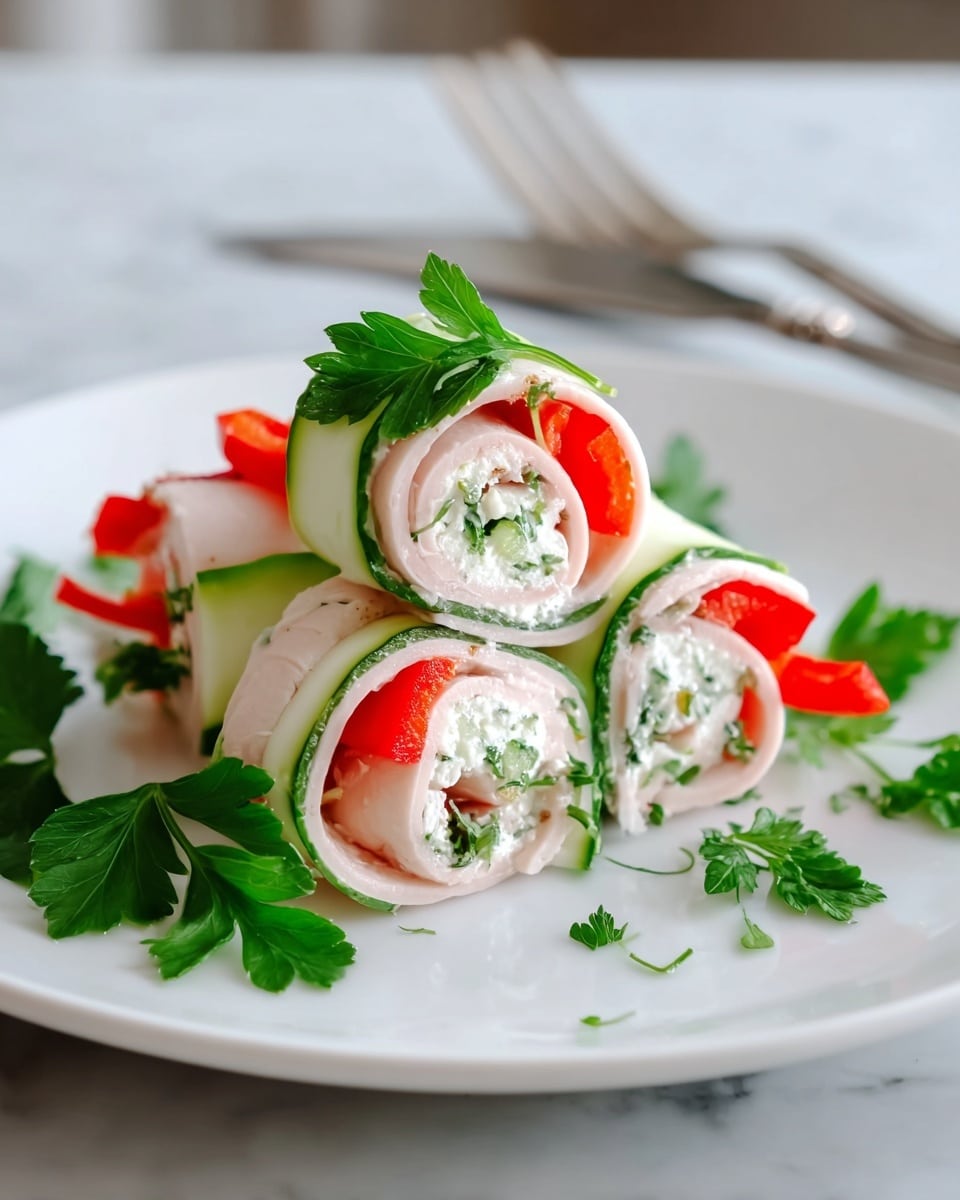 The image shows four small rolled appetizers arranged on a white plate set on a white marbled surface. Each roll has three visible layers: a thin outer pale pink layer of turkey or ham, a bright green cucumber strip inside it, and a creamy white cheese filling in the center. A vivid red strip of bell pepper is tucked within the creamy layer, sticking out at one end of each roll. Fresh green parsley leaves are placed on top and scattered around the rolls, adding a fresh touch to the dish. A silver fork lies beside the rolls on the plate. photo taken with an iphone --ar 4:5 --v 7
