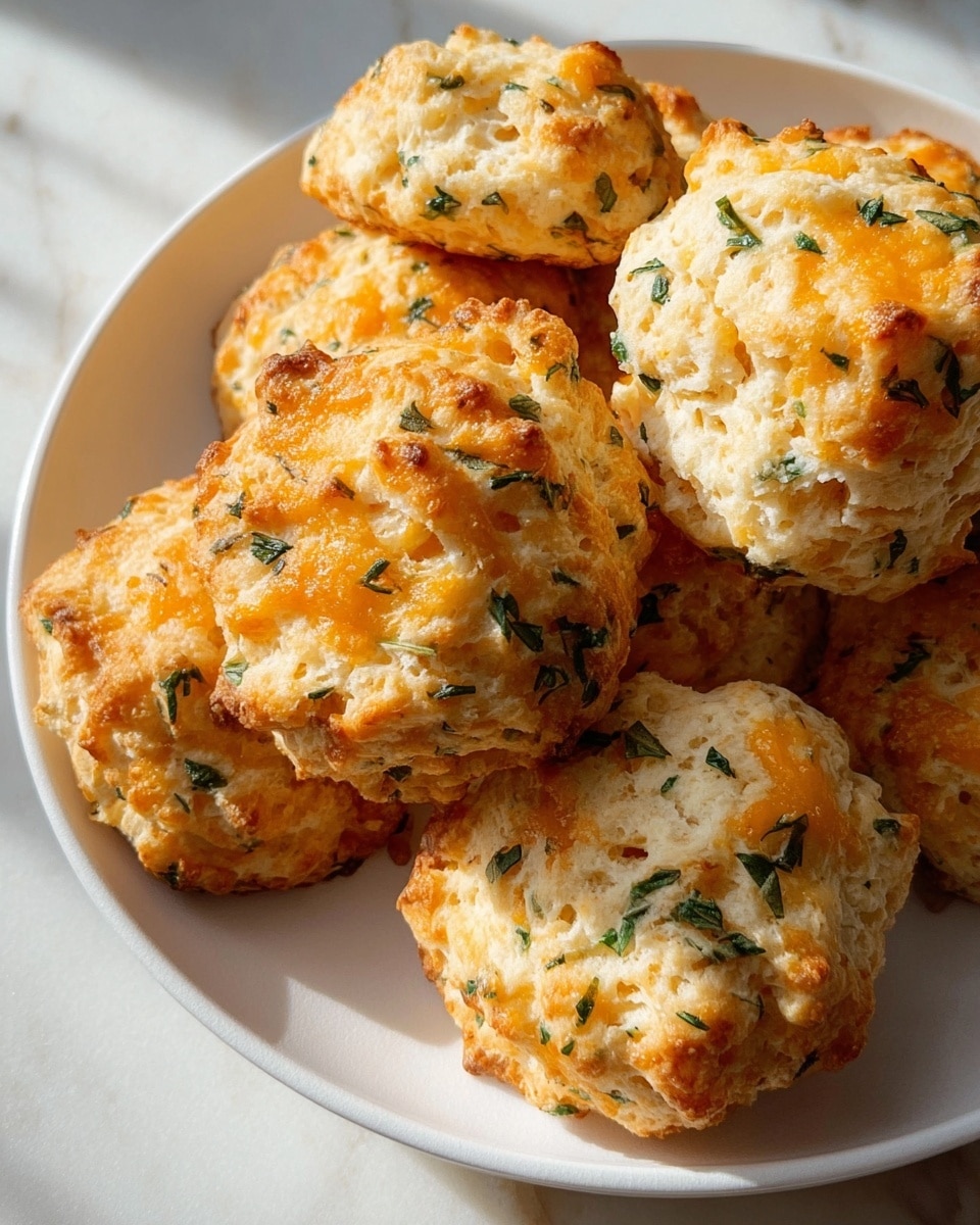 A white plate holds a pile of six golden-brown cheese and herb biscuits, each about two layers thick with a rough, uneven texture. The biscuits have a crunchy exterior with melting spots of cheese that are light orange-yellow, and green herb flecks scattered throughout the white dough. Their edges are jagged and browned, showing the baked crispiness. The plate sits on a white marbled surface, and soft natural light casts gentle shadows around the biscuits. photo taken with an iphone --ar 4:5 --v 7