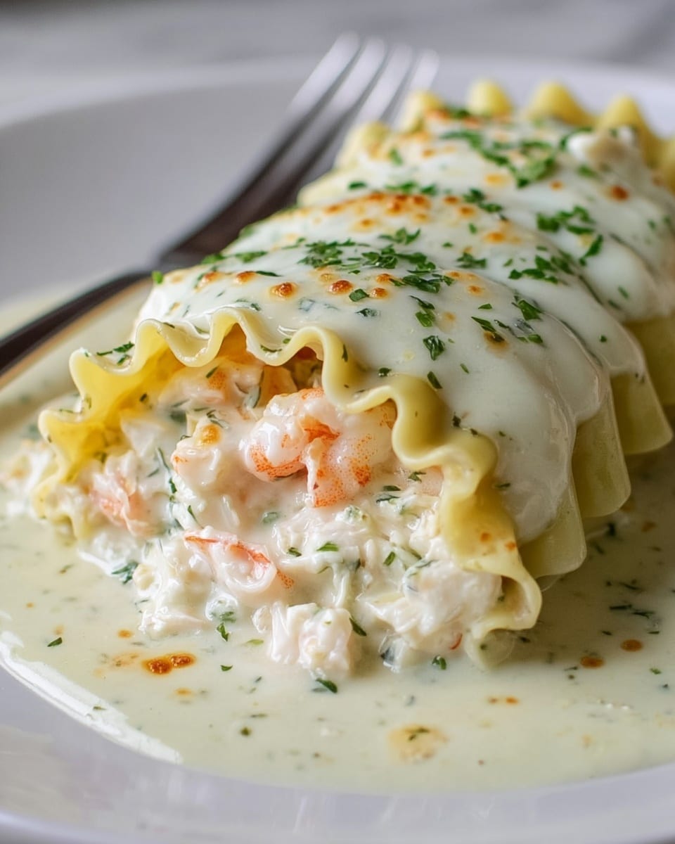 A close-up view of a single rolled lasagna noodle with ruffled edges, filled thickly with creamy white cheese mixed with small shrimp pieces and herbs, showing a slightly orange tint from the shrimp. The outside of the roll is covered with a smooth, melted white sauce sprinkled with finely chopped green herbs and small golden-brown spots from baking. The creamy sauce pools lightly underneath the pasta on a white plate with a blurred silver fork resting beside it, all placed on a white marbled texture. photo taken with an iphone --ar 4:5 --v 7