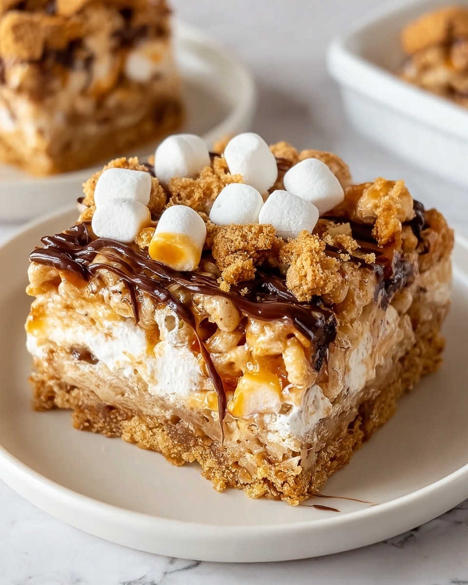 A thick square bar dessert on a white plate sits on a white marbled surface, showing about three layers: the bottom layer is a dense, crumbly golden-brown crust, the middle layer is filled with soft, light beige bits mixed with melted marshmallows creating a sticky texture, and the top layer is a mix of mini white marshmallows, golden crumb pieces, and swirls of dark chocolate and caramel sauce that look glossy and rich. Another bar is partially visible in the background on a white plate. Photo taken with an iphone --ar 4:5 --v 7