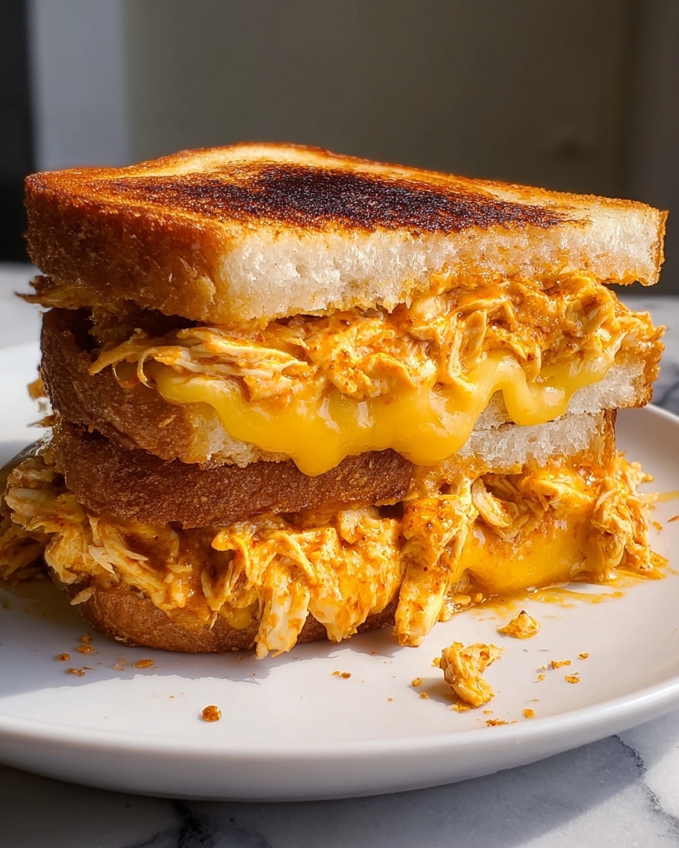 A close-up image of a thick grilled sandwich on a white plate sitting on a white marbled surface. The sandwich has two slices of golden-brown toasted bread with a slightly crispy and textured crust. Inside, there are two clear layers: the bottom layer is melted bright orange cheese that oozes slightly out of the sandwich, and above that is a generous amount of shredded chicken mixed with seasoning that gives it a reddish-orange tint. The sandwich looks warm and freshly made, with some small bits of chicken and cheese spilling onto the plate. photo taken with an iphone --ar 4:5 --v 7