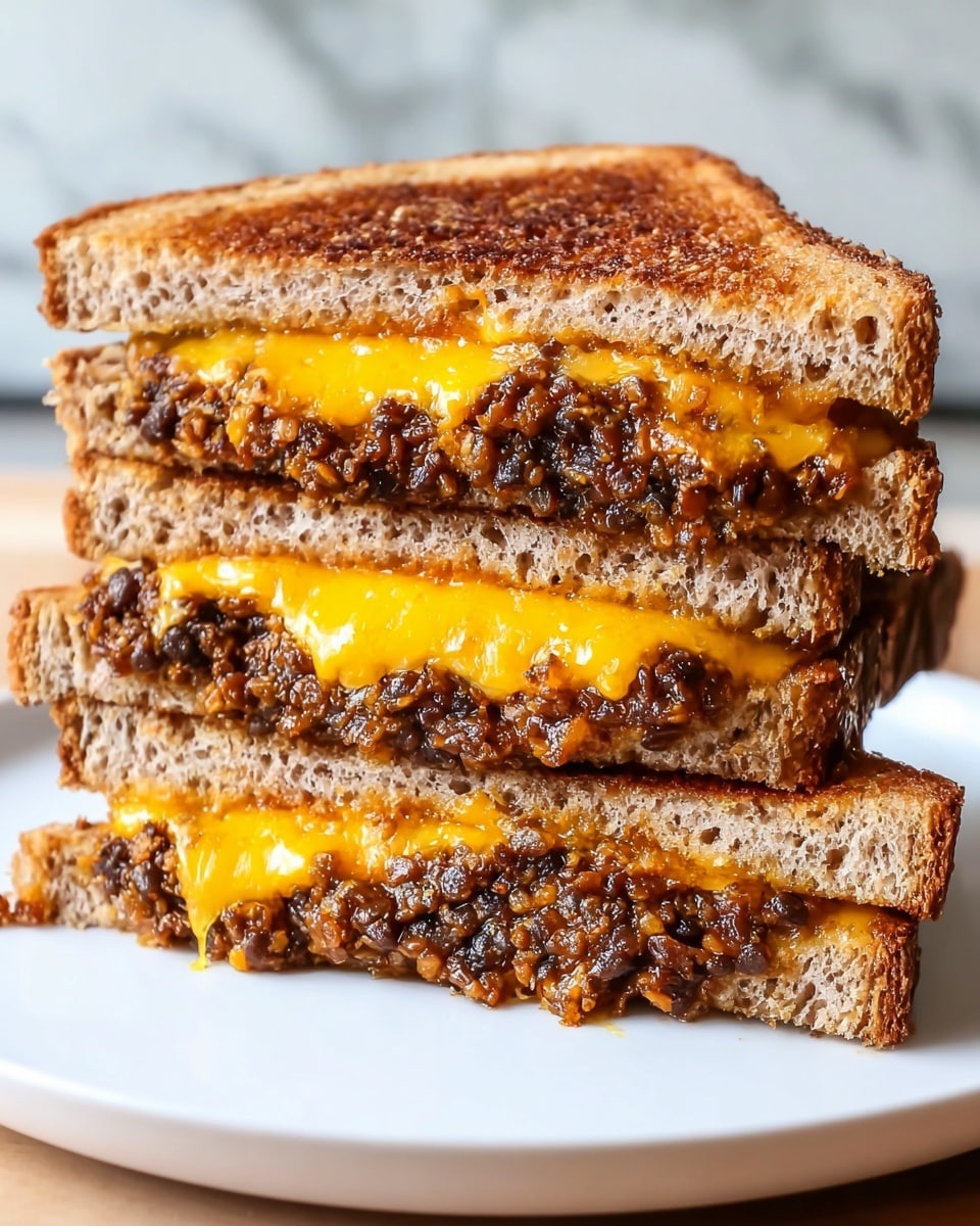 A close-up view of a stacked grilled sandwich cut into triangular halves on a white plate with a white marbled texture background. The sandwich has three layers of toasted brown whole-grain bread, each with a golden-brown crispy crust and soft inside. Between the bread layers is a thick filling of melted bright yellow cheddar cheese and a chunky brown mixture that looks like cooked onions or mushrooms, oozing slightly at the edges. The texture of the filling is moist with visible bits of caramelized pieces, giving a rich and savory look. Photo taken with an iphone --ar 4:5 --v 7