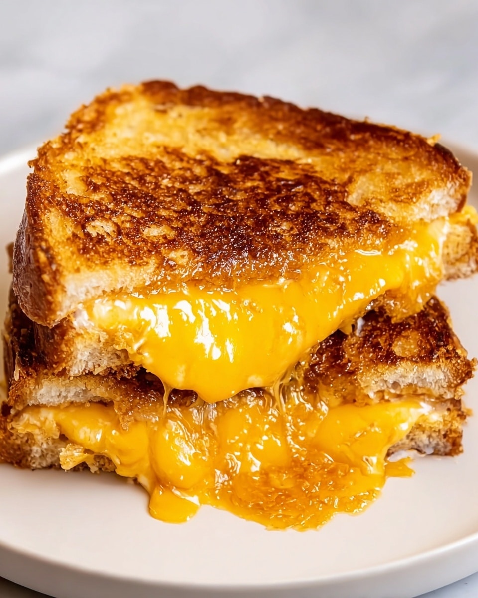 A close-up view of a grilled cheese sandwich with two thick slices of golden brown toasted bread showing a crispy texture; between the slices is a gooey, melted orange-yellow cheese that oozes slightly out from the edges. The sandwich is placed on a white plate set on a white marbled surface. The top of the sandwich displays some glistening spots from melted cheese or butter. photo taken with an iphone --ar 4:5 --v 7