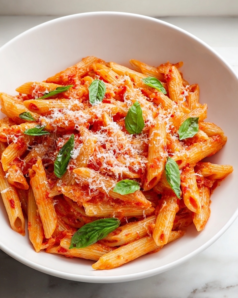 A white bowl filled with penne pasta coated in bright red tomato sauce, topped with fresh green basil leaves scattered around. The pasta has a light orange tint where the sauce is thinner, and a slightly chunky texture from the tomatoes. Grated white cheese is sprinkled over the top, adding a soft powdery layer. The bowl is set against a white marbled surface with soft natural light coming from the side. photo taken with an iphone --ar 4:5 --v 7