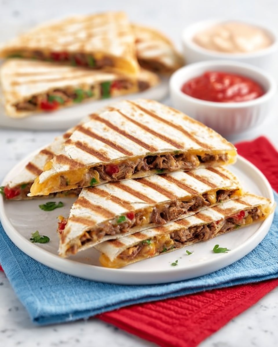 A white plate holds three triangular grilled quesadilla slices with visible grill marks on the golden-brown outer layers; inside, layers of cooked chicken pieces, melted cheese, and green herbs can be seen. Behind the plate, a whole round quesadilla, partially sliced, rests on a white marbled surface. Near the top right, a woman's hand is holding one quesadilla slice above the others. There are two small white bowls, one with a reddish sauce and the other with a creamy white dip, set on the white marbled surface. Photo taken with an iphone --ar 4:5 --v 7