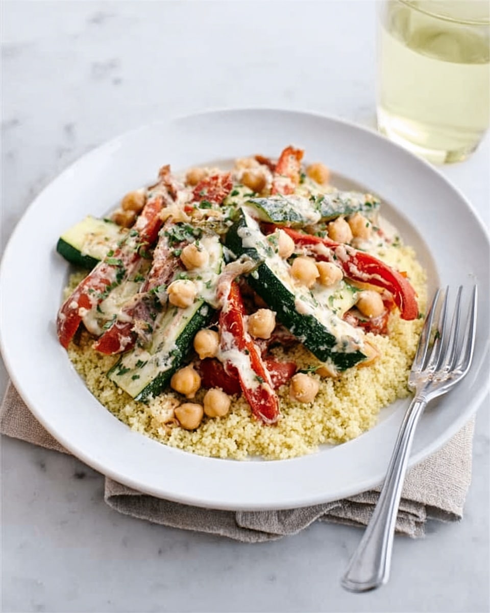 A white plate holds a dish with three visible layers: the bottom layer is light yellow couscous with a grainy texture, sprinkled with beige chickpeas evenly spread out; the middle layer consists of green zucchini slices with a slightly glossy surface; the top layer features roasted red bell pepper strips coated with a creamy white sauce and garnished with small chopped green herbs. A silver fork is placed on the right side of the plate, resting on a white cloth napkin. In the background, a glass of light golden drink stands on a white marbled surface. Photo taken with an iphone --ar 4:5 --v 7
