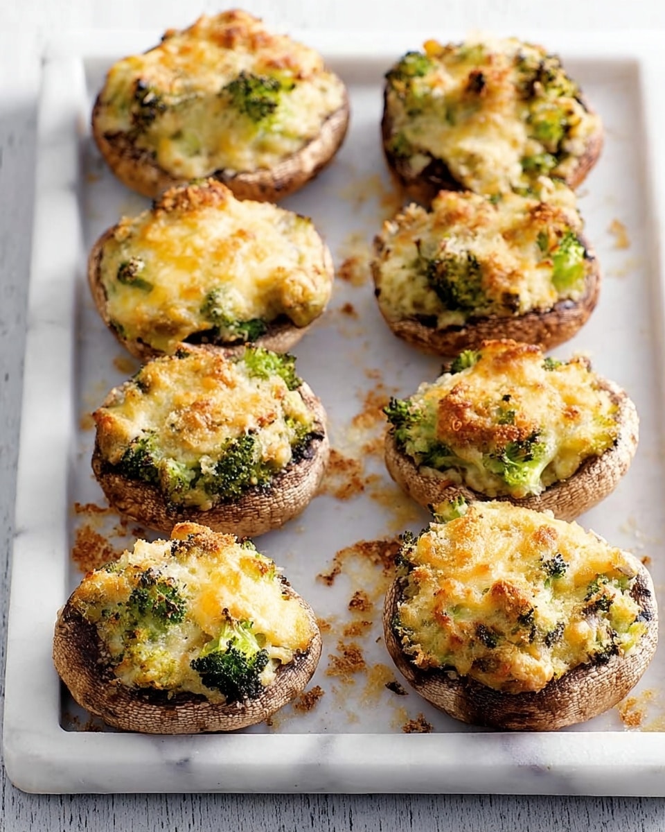 The image shows a white baking tray filled with stuffed mushrooms placed on a white marbled tile surface. Each mushroom cap forms the base layer, dark brown with a slightly rough texture. The stuffing fills the caps fully and is a mix of light yellow with small green bits from broccoli, topped with a browned, crispy cheese layer that adds a golden crust. Some melted cheese has dripped onto the tray, creating small yellow spots around the mushrooms. There are nine mushrooms in total, spread evenly across the tray. photo taken with an iphone --ar 4:5 --v 7