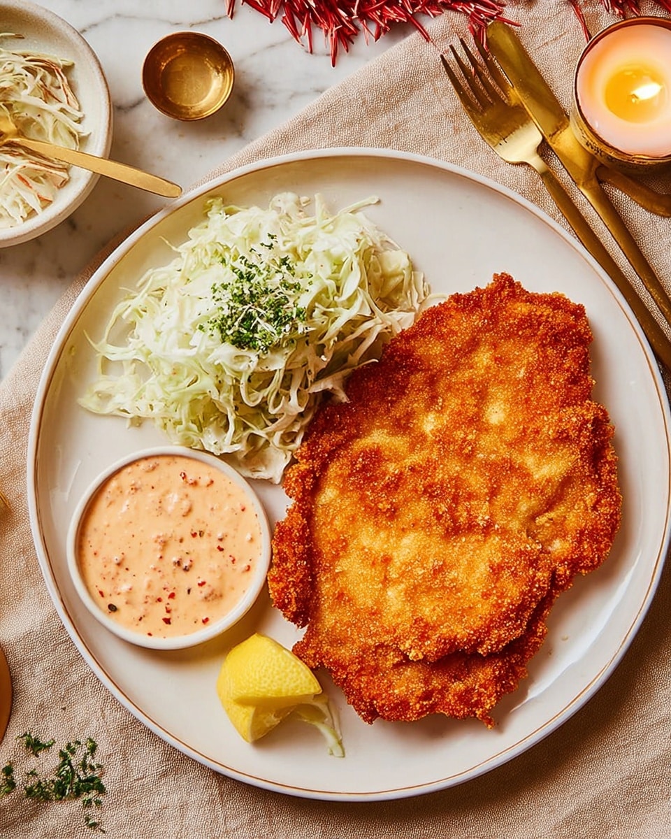A white plate holds a large, golden brown, crispy fried cutlet on the right side, while the left side has a mound of thinly shredded pale green cabbage. Below the cabbage, there is a dollop of light orange sauce with visible seasoning bits. A small lemon wedge is placed at the bottom right edge of the cutlet. The plate sits on a white marbled surface with warm decoration elements around, including a glowing candle, a bowl of orange sauce with a gold spoon, and a white ornate container with red ribbons. Photo taken with an iphone --ar 4:5 --v 7