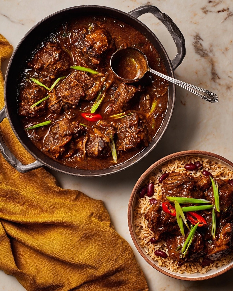 A large round metal pan with two handles holds dark brown stewed meat pieces in a thick rich sauce, with visible chunks of meat and green onion pieces scattered on top. A whole red pepper is placed on one side of the pan. Next to the pan, there is a white bowl filled with red beans and beige rice mixed together, topped with pieces of brown meat and a couple of green onion segments. A silver spoon rests inside the pan, and a mustard yellow cloth is partially visible below one of the pan handles. The whole scene is set on a white marbled surface. photo taken with an iphone --ar 4:5 --v 7