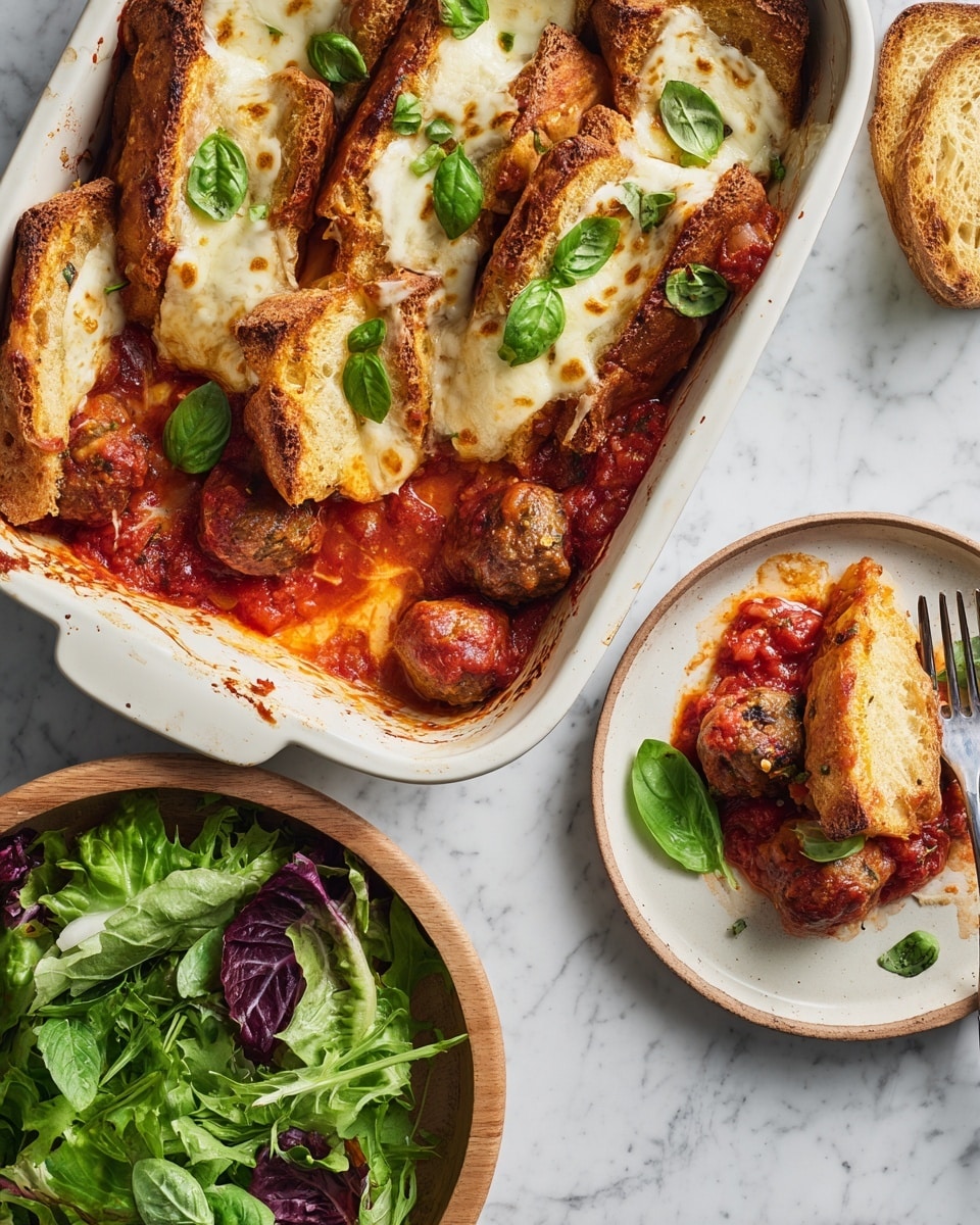 A white rectangular baking dish holds a layered meatball and cheese casserole with about three layers. The bottom layer is a red tomato sauce with a chunky texture, topped with browned, well-cooked meatballs placed evenly. Above the meatballs are thick golden-brown slices of toasted bread, perfectly arranged in a slightly leaning pattern. Melted white cheese is draped over the bread and meatballs, with some parts browned and bubbly, creating a crispy texture. Small green basil leaves are scattered on top for color contrast. To the right, a portion is served on a white plate, showing the same layers with a silver fork placed beside it on a white marbled surface. Fresh green and red leaf salad in a wooden bowl adds a fresh element to the scene. Photo taken with an iphone --ar 4:5 --v 7