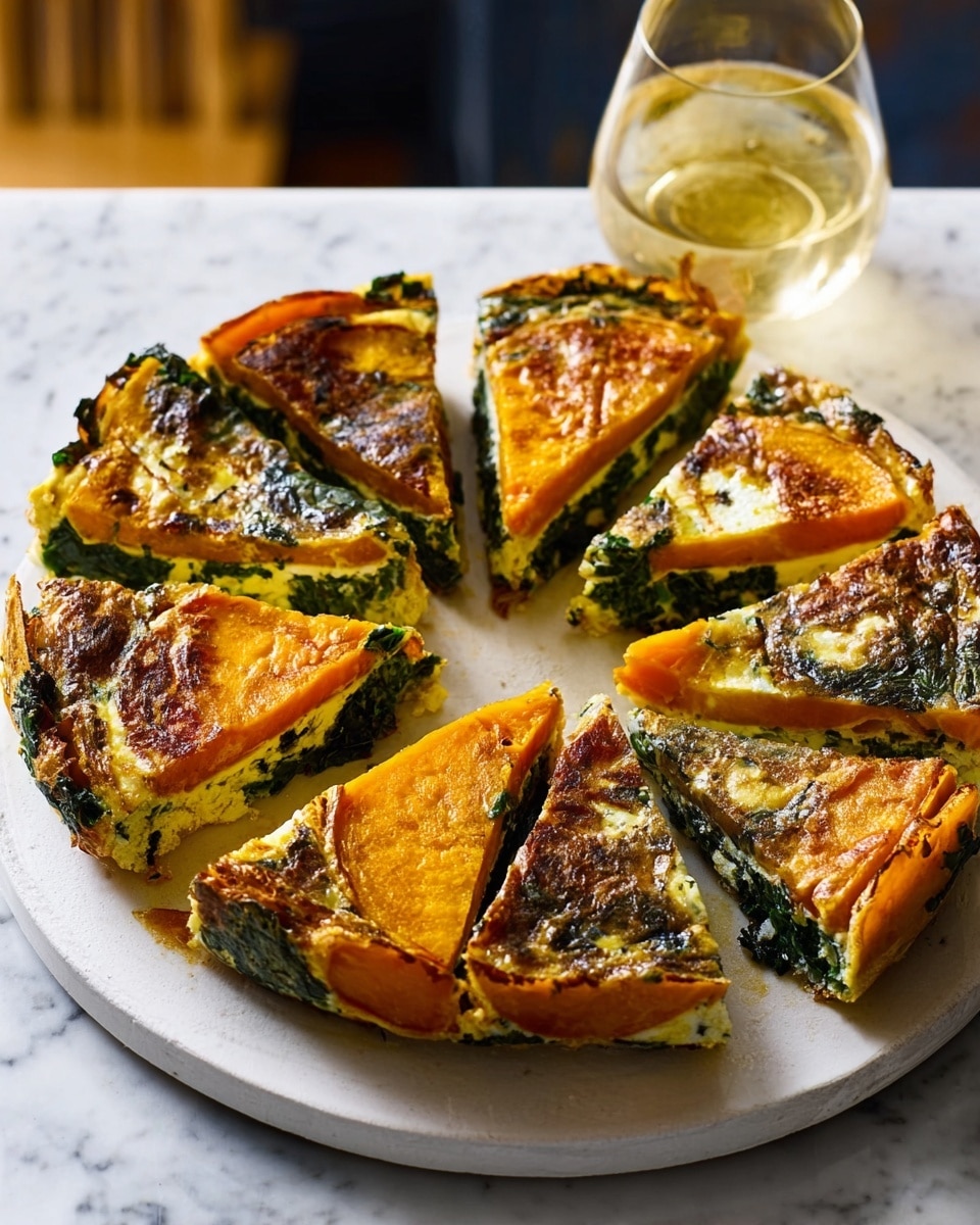 A white round plate sits on a white marbled surface, holding a circular quiche sliced into twelve pieces. The quiche has four visible layers: the top is golden brown and slightly crispy, beneath that is a bright orange layer of carrots cut into thick slices, below that is a light yellow egg layer with green spinach pieces mixed throughout, and the bottom crust is thin and golden brown. The slices are arranged in a ring with a small empty space in the middle. A clear glass with a light drink is placed nearby. Photo taken with an iphone --ar 4:5 --v 7