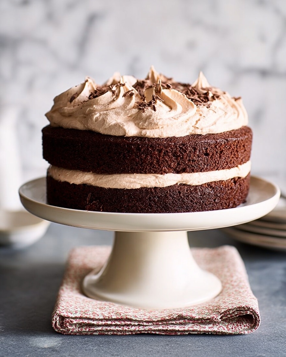 A two-layer chocolate cake on a white cake stand, with light pink cream filling visible between the layers and more pink cream decoratively swirled on top, sprinkled lightly with cocoa powder. The cake stand is on a patterned cloth on a dark surface, with a cake knife nearby. The background is softly blurred with neutral tones. Photo taken with an iphone --ar 4:5 --v 7