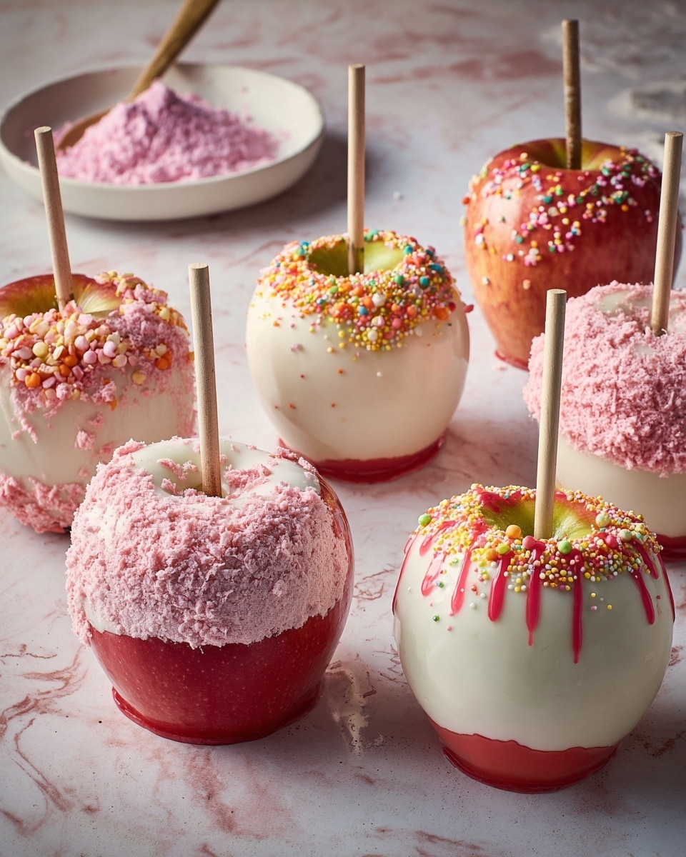 The image shows seven apples dipped in white glossy candy coating with wooden sticks inserted from the top center. Each apple has a unique decoration on the lower half: two apples rest on bright pink crushed candy, two apples are covered with colorful round and rod sprinkles, two apples have red powder sprinkled on the coating, and one apple has red streaks drizzled around. The apples sit on a flat surface with a white marbled texture. In the top left corner, a white plate holds more bright pink crushed candy. The apples have shiny red tops with yellow-green hues near the stems. Photo taken with an iphone --ar 4:5 --v 7