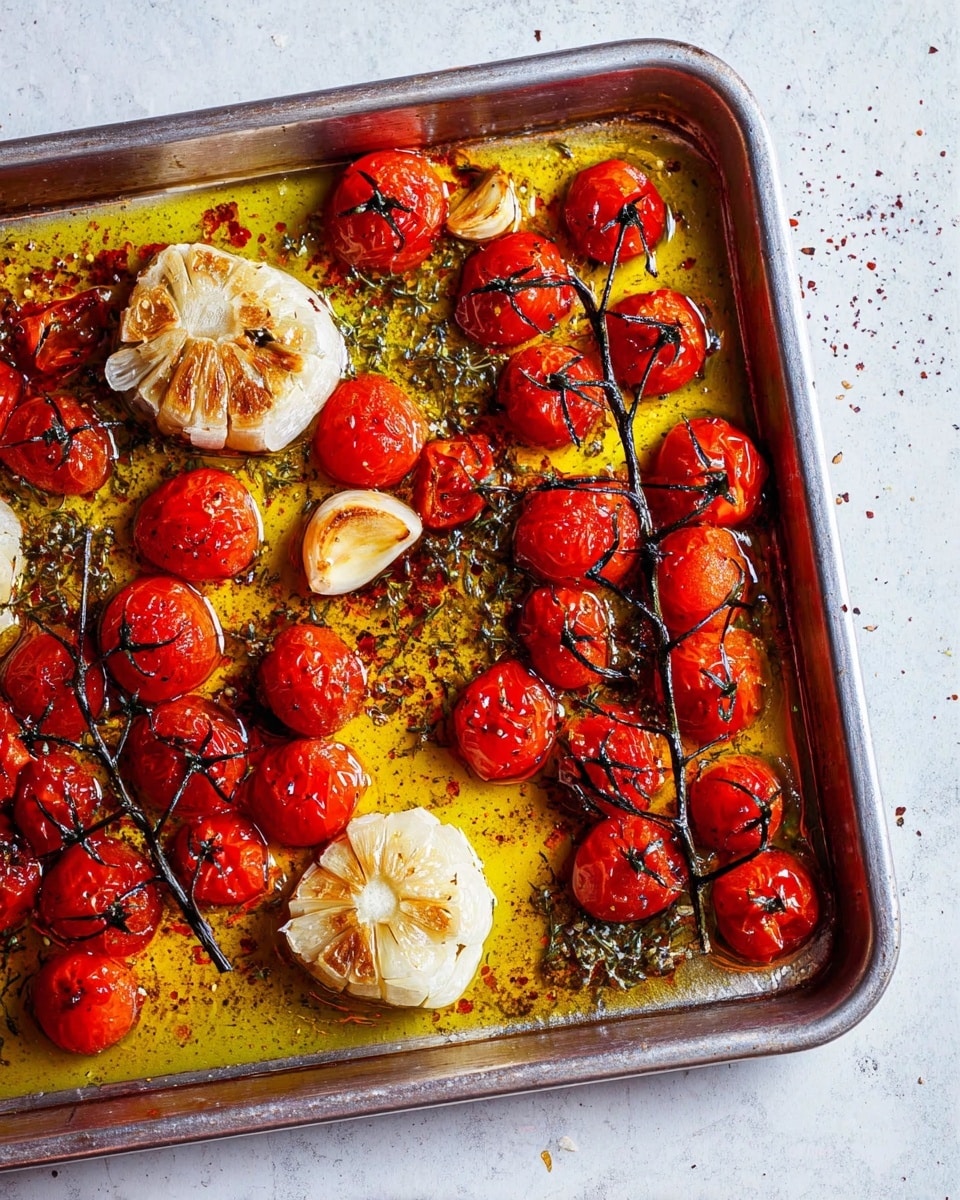 A silver baking tray holds many small, bright red cherry tomatoes with their thin dark green stems attached, roasted and glistening in a pool of golden olive oil. There are two halved garlic heads with a light brown, slightly toasted texture placed near opposite corners of the tray. Two small pieces of torn, soft, light beige bread sit atop the tomatoes and oil, soaking up some liquid. The tray rests on a white marbled surface, giving a clean and fresh look to the scene. photo taken with an iphone --ar 4:5 --v 7