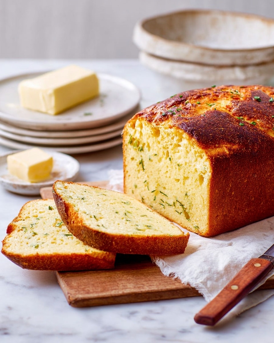 A golden-brown loaf of bread with a slightly crispy crust sits on a wooden board on top of a white marbled surface. The bread shows a soft, light yellow interior with small green herb specks inside. Two slices are cut and laid in front of the loaf, showing the fluffy texture. In the background, a stack of white plates holds another slice cut close to a butter knife with a brown handle. Nearby, a white plate with tiny dark speckles holds a block of butter with a small piece cut off. The scene is bright and simple. photo taken with an iphone --ar 4:5 --v 7