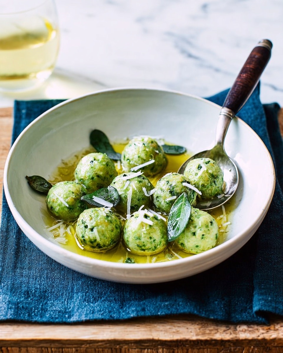 A white bowl holds about ten small green balls that look soft and moist, each ball speckled with darker green bits. The balls are sprinkled with fine white shreds, and a few whole fried green leaves are placed around them. There is golden oil pooling lightly at the bottom of the bowl, shining under the light. A silver spoon with a dark wooden handle rests inside the bowl on the right side. The bowl sits on a thick, dark blue cloth which is on top of a wooden surface. A glass filled with a light yellow drink is seen in the top left background, and everything is set against a white marbled texture. photo taken with an iphone --ar 4:5 --v 7
