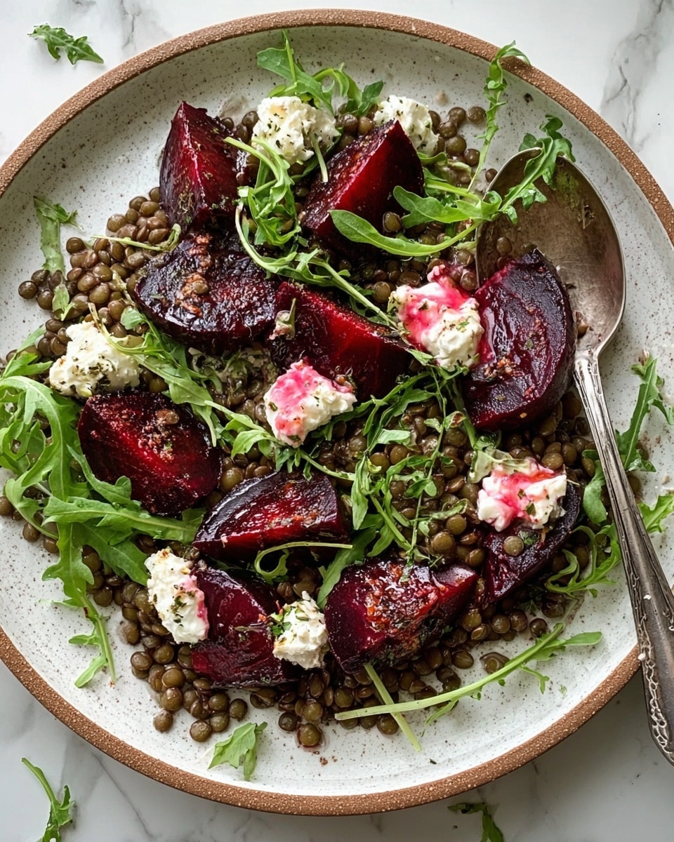 A close-up of a round white plate filled with roasted beet wedges that have a deep red-purple color and slightly crisp edges, arranged over a bed of small, round brown lentils. On top and around the beets, there are dollops of creamy white cheese with pink streaks and fresh green arugula leaves scattered throughout. A gold spoon rests on the right side of the plate, partially touching the lentils. The background is a white marbled surface with some tiny green herbs sprinkled around the plate. Photo taken with an iphone --ar 4:5 --v 7