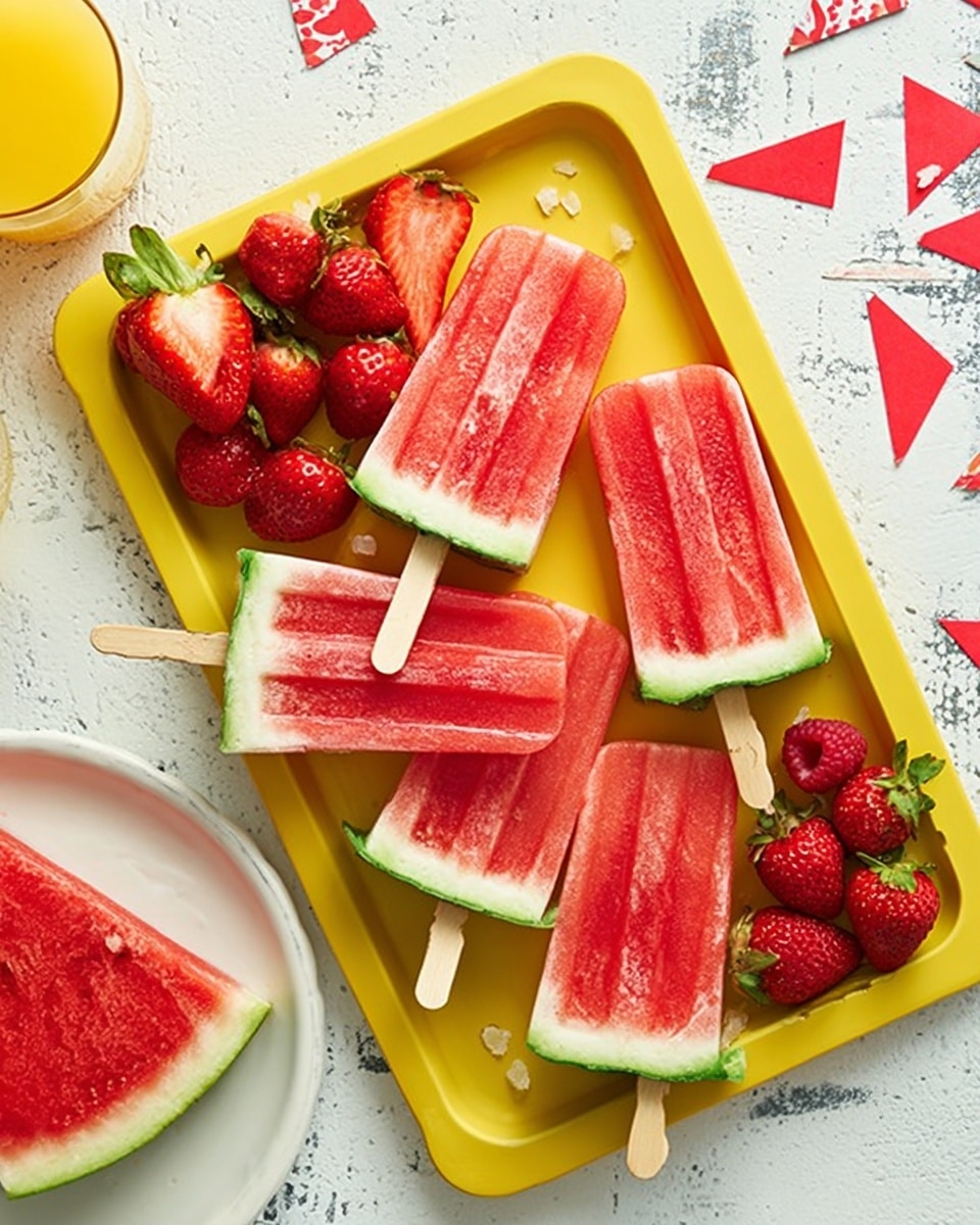 The image shows a white tray filled with five watermelon slices on wooden sticks, each slice displaying a bright red center with some seeds near the green rind and white inner edge. On the left side of the tray, there is a small bunch of fresh strawberries and raspberries, their red colors contrasting with the green leaves on strawberries. The tray is placed on a white marbled surface with a glass of orange juice and a partially visible white plate with more watermelon slices nearby. photo taken with an iphone --ar 4:5 --v 7
