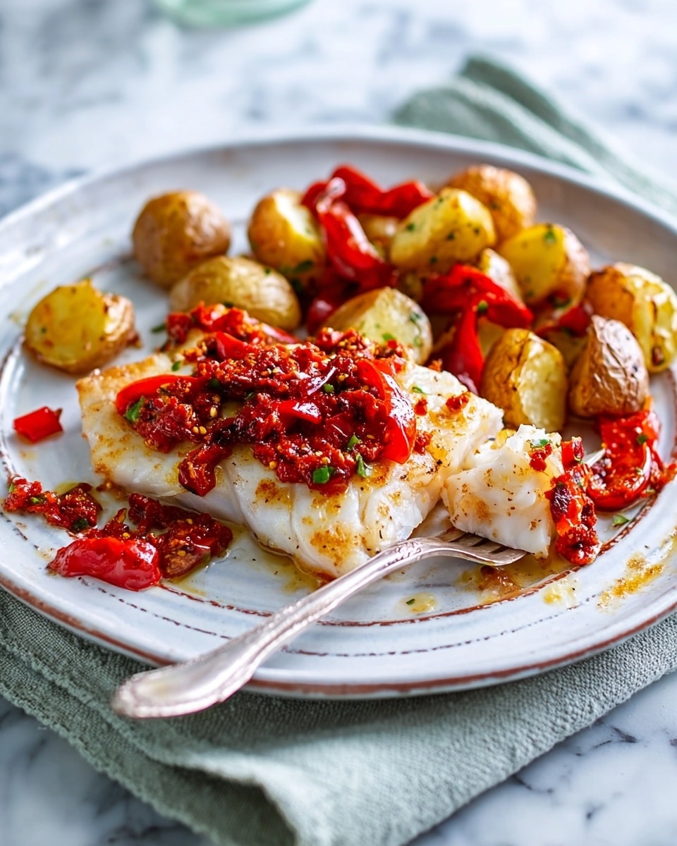 A white plate on a white marbled surface holds a serving of baked white fish fillets topped with a red chili and oil sauce that looks spicy and oily. Around the fish are small roasted potatoes with a golden-brown color, mixed with bright red roasted chili peppers. A silver fork rests on the right side of the plate. The dish’s colors are mostly white, red, and golden-browned, with a slightly oily, textured look from the sauce and roasted vegetables. Photo taken with an iphone --ar 4:5 --v 7