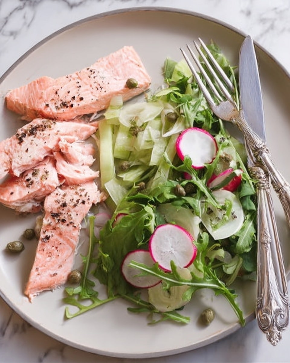 This image shows a dish on a white plate with a dark rim, placed on a white marbled surface. The dish has two main layers: on the left, flaky pink cooked salmon sprinkled with black pepper and small capers, and on the right, a fresh salad made of light green arugula leaves, thinly sliced pale celery sticks, and round red and white radish slices. Two silver forks with light wooden handles rest on the right side of the plate. Photo taken with an iphone --ar 4:5 --v 7