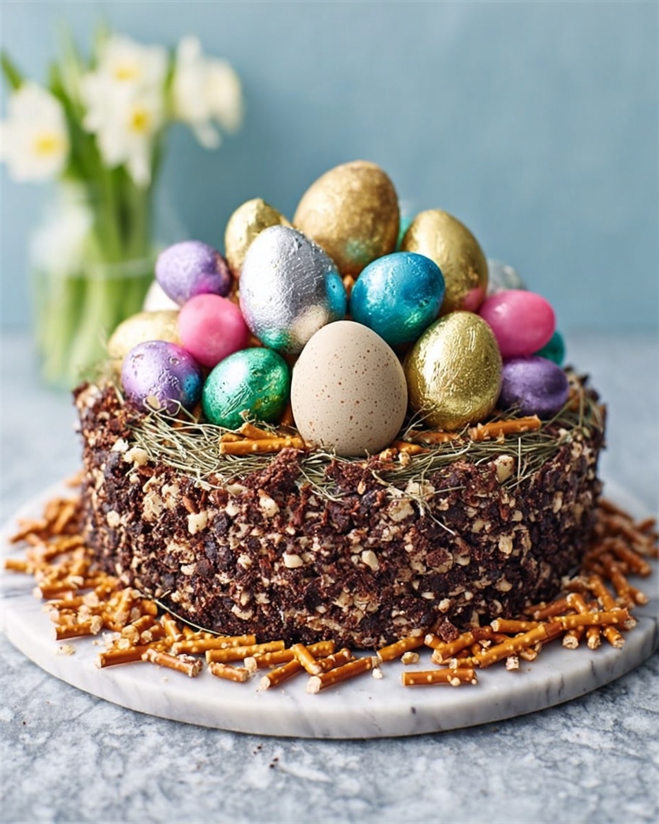 The image shows a round chocolate cake covered with dark chocolate pieces and pretzel sticks around the sides. On top of the cake, there is a thick layer of colorful, shiny foil-wrapped eggs in gold, silver, pink, purple, blue, and green colors mixed with speckled eggs in light gray shades. More small foil-wrapped eggs and pretzel sticks are spread around the base of the cake on a white marbled surface. The background is light blue with a blurred small white flower in the distance. Photo taken with an iphone --ar 4:5 --v 7