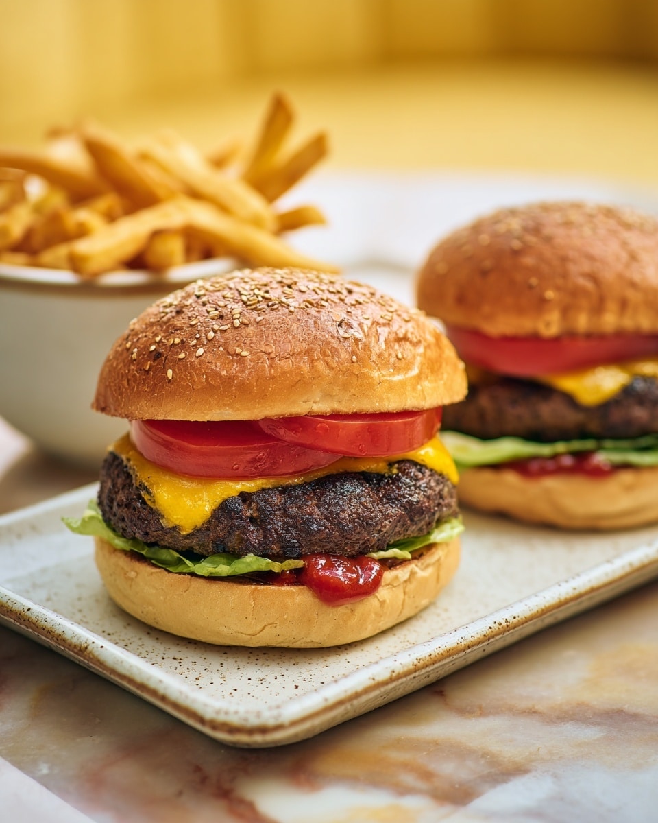 A close-up view of two sesame seed burger buns stacked with layers from bottom to top: a soft, lightly toasted bun base with a spread of red sauce; a fresh green lettuce leaf; a thick, juicy beef patty with melted yellow cheese peeking through; several bright red tomato slices resting neatly on top; and a sesame seed-covered golden brown top bun. The burgers are placed on a rectangular, speckled beige ceramic plate set on a white marbled surface with a bowl of golden French fries in the blurred background. photo taken with an iphone --ar 4:5 --v 7