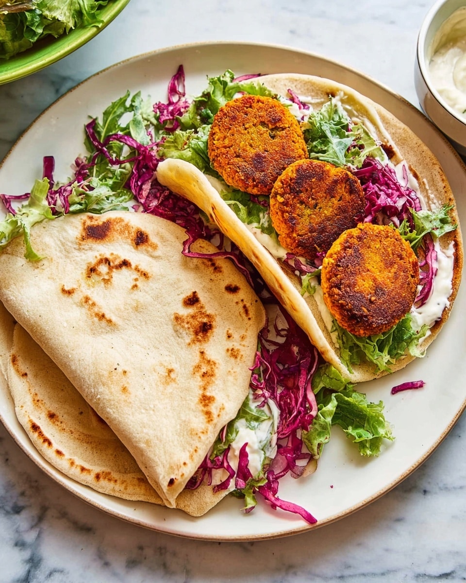 Two soft, round corn tortillas sit on a white plate placed on a white marbled surface, one folded in half and the other open. Each tortilla holds three golden-brown, crispy falafel patties with a slightly rough texture. Beneath the falafel, there is a creamy white sauce spread in a thin layer. On top of the sauce, there are bright purple shredded cabbage and fresh green leafy arugula scattered around, adding color and freshness. The open tortilla shows all the layers clearly while the folded one reveals the falafel peeking from the edges. Photo taken with an iphone --ar 4:5 --v 7