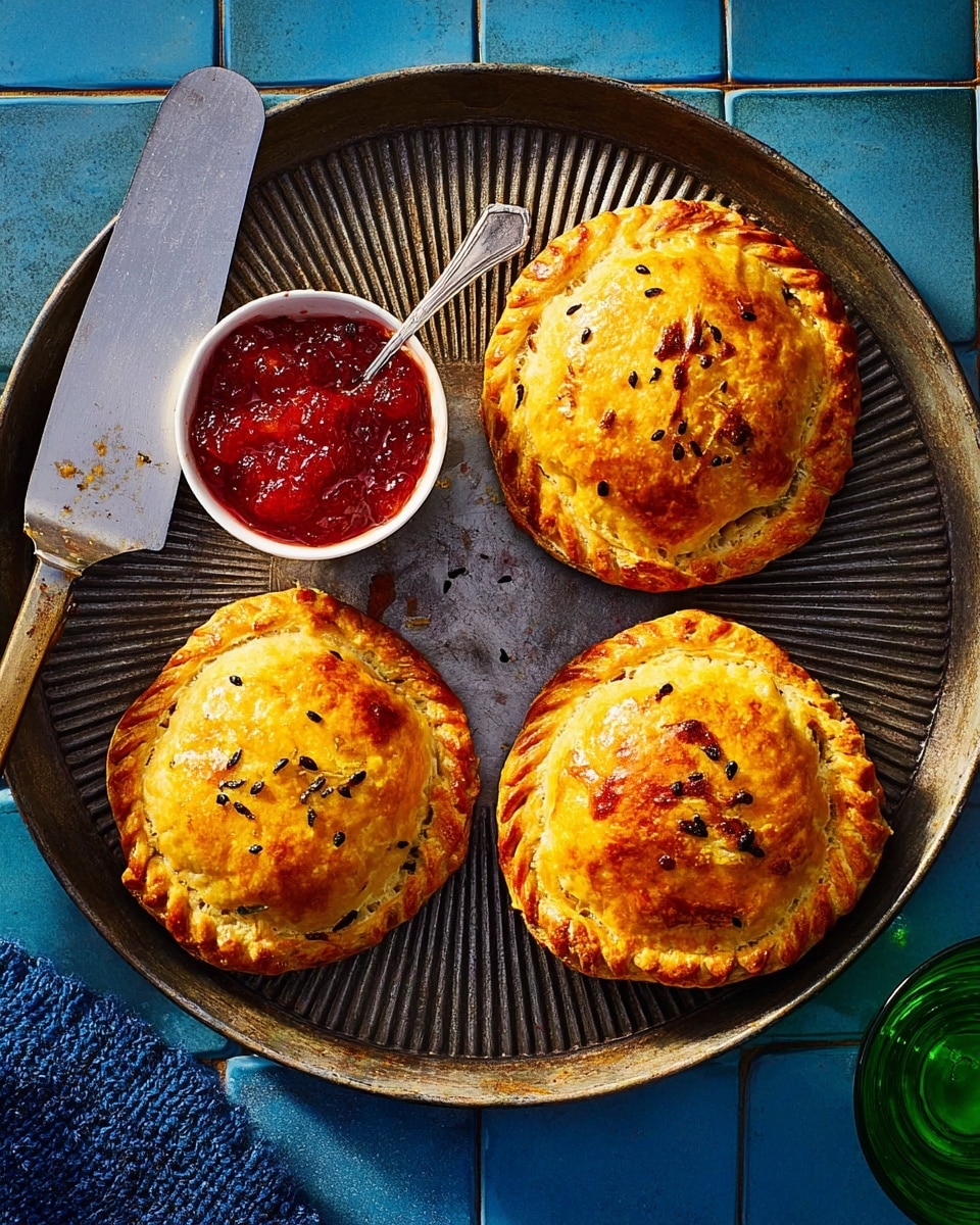 Three golden-brown mini pies with a shiny, crispy crust topped with small dark seeds sit on a round, ridged dark metal tray. The pies have crimped edges and a slightly puffed, textured top. One pie rests on a metal spatula on the left side of the tray. In the middle of the tray, there is a small white bowl filled with bright red chunky chutney, with a small metal spoon in it. The tray is placed on a blue tiled surface with a blue cloth peeking in from the top right corner and a green glass at the bottom right. photo taken with an iphone --ar 4:5 --v 7