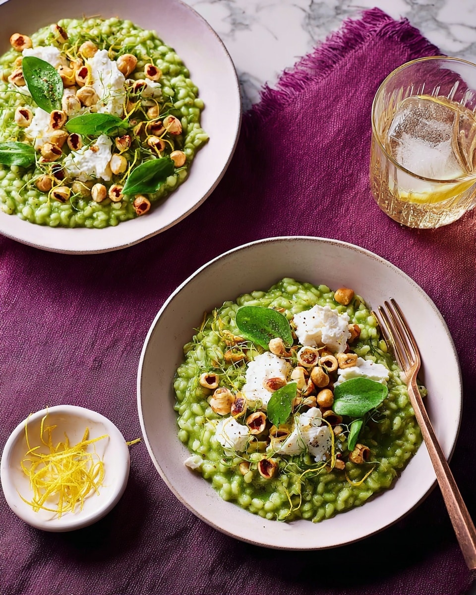 Two white deep plates sit on a white marbled surface covered partly by a dark pink cloth. Each plate holds a dish with a base layer of green creamy risotto mixed with small pieces of vegetables or herbs, topped with scattered golden brown roasted nuts, white soft cheese chunks, and fresh green leaves. On the right side of each plate, there is a bronze fork resting partly inside the food. Nearby, a small white plate contains thin yellow lemon peel strips, while a clear glass filled with ice and a slice of lemon is placed on the right side of the setup. The scene is brightly lit, highlighting the fresh and textured elements of the dish. photo taken with an iphone --ar 4:5 --v 7