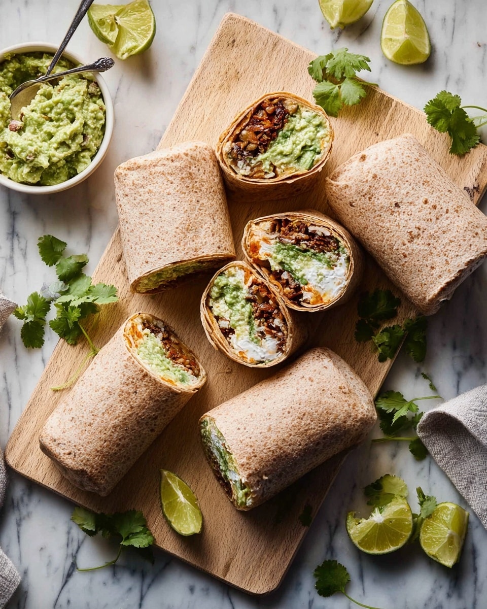 The image shows five whole wheat burritos on a light wooden board placed on a white marbled surface. Three burritos are cut in half, with visible layers inside: a green avocado layer closest to the wrap, followed by brown beans or meat, some white sour cream, and bits of rice or other fillings. Two burritos are whole, tightly wrapped with a textured light brown wrap. Surrounding the burritos are wedges of fresh lime and sprigs of green cilantro. In the top left, there is a white bowl with a chunky green guacamole and a spoon. The whole scene has a bright, natural light with soft shadows. Photo taken with an iphone --ar 4:5 --v 7
