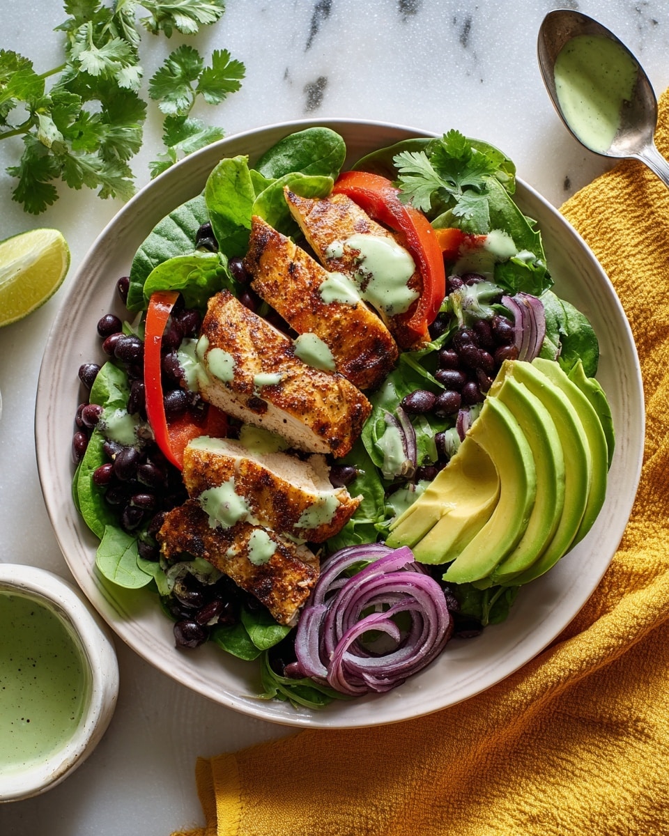 A white plate holds a colorful layered dish starting with a base of fresh spinach leaves scattered with black beans and thinly sliced purple onion. On top lie three pieces of browned, grilled chicken breast, each dolloped with a smooth, pale green sauce. Beside the chicken is a fan of thinly sliced avocado, bright green and creamy in texture, next to roasted red bell pepper pieces showing charred edges. Fresh cilantro leaves are sprinkled over everything, adding a fresh green touch. The plate sits partially on a bright yellow cloth, and the background is a white marbled texture with soft natural light casting gentle shadows. Photo taken with an iphone --ar 4:5 --v 7