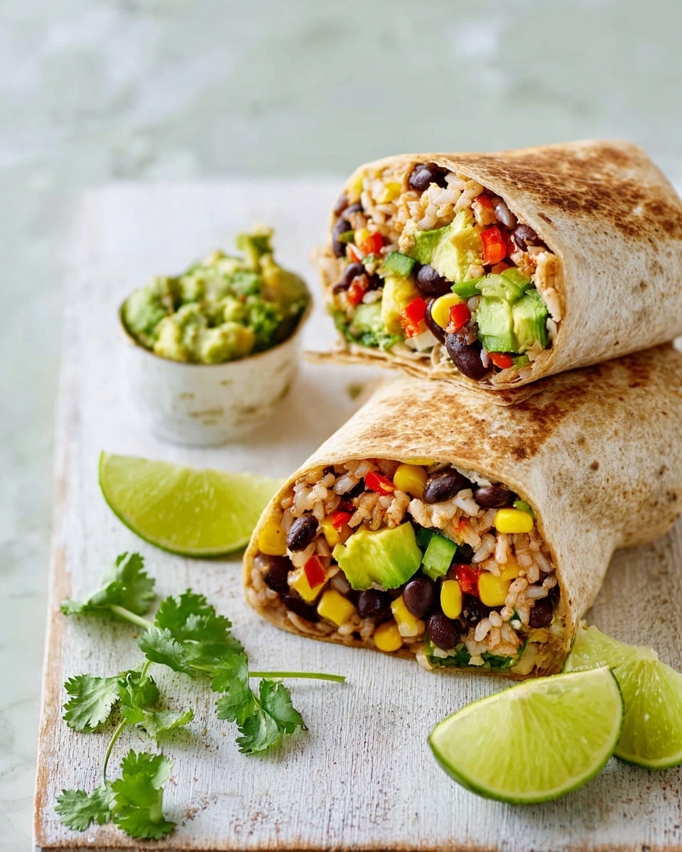 The image shows a white cutting board on a white marbled surface holding two halved wraps and one whole wrap. The wraps are made from a golden-brown toasted tortilla. Each halved wrap reveals three main layers inside: black beans, yellow corn, and bright green avocado chunks mixed with red bell pepper pieces and fresh green cilantro leaves. Next to the wraps are two lime wedges and scattered cilantro sprigs, adding fresh green accents to the scene. photo taken with an iphone --ar 4:5 --v 7