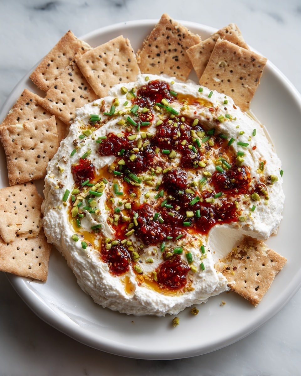 The image shows a round white plate filled with a creamy white dip spread unevenly across the base. On top, there are green chopped nuts scattered all over, with small pools of dark red spicy oil dotted throughout the creamy layer. Finely chopped green herbs are sprinkled evenly, adding a fresh contrast to the creamy and oily textures. Around the edges of the plate, square yellow crackers with black seeds are placed, some partly dipped into the dip. The plate is set on a white marbled surface, and a woman's hand is seen holding one cracker slightly above the dip. Photo taken with an iphone --ar 4:5 --v 7
