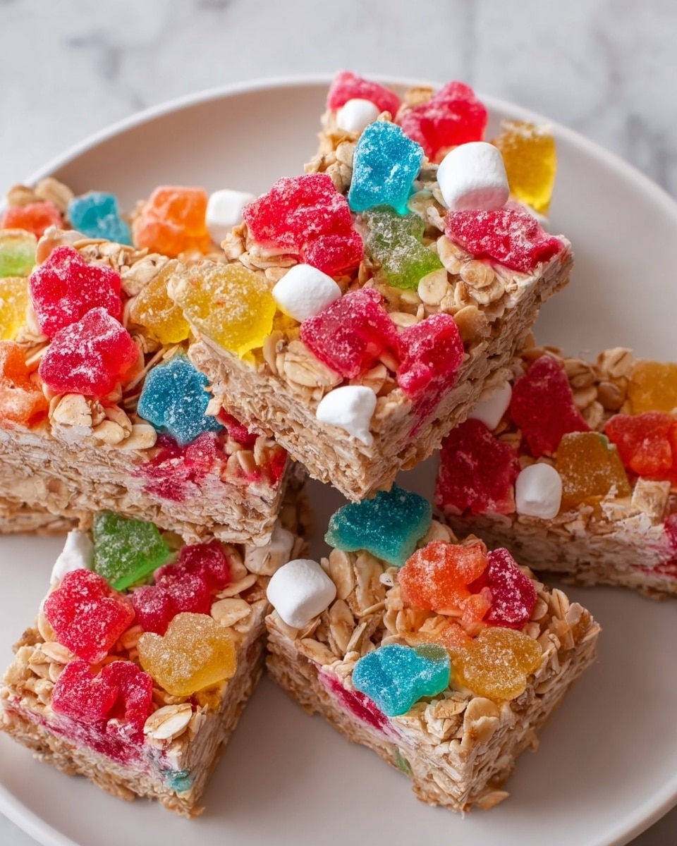The image shows several rectangular granola bars placed close together on a white plate. Each granola bar has a base layer made of beige oats mixed with a light syrup that holds the shape, with a rough texture. On top, there are multiple colorful pieces of fruit jelly and small white mini marshmallows scattered unevenly. The jelly pieces vary in size and come in bright colors like red, yellow, orange, green, blue, and pink, with a slightly glossy look. The bars appear thick and firm, with the toppings pressed into the surface but still distinct. The background has a white marbled texture. photo taken with an iphone --ar 4:5 --v 7