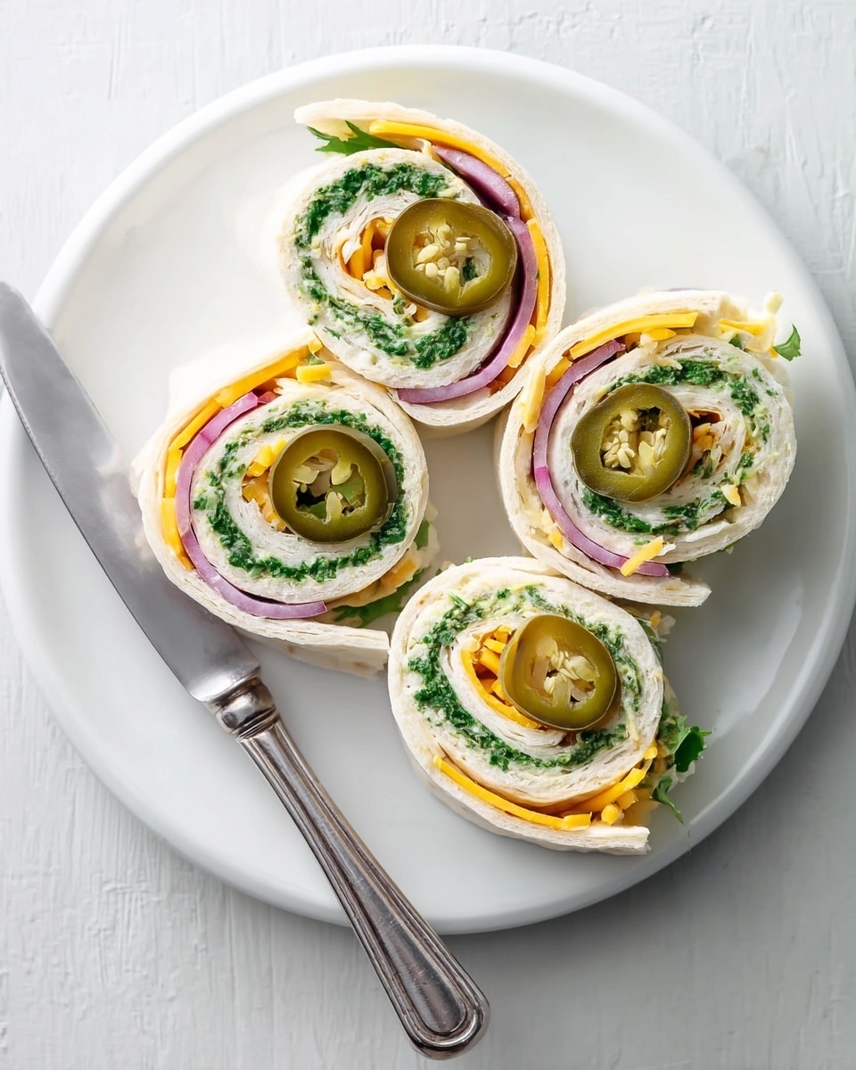 Three pinwheel wraps are placed on a white plate with a silver knife on the right side. Each wrap shows a spiral of light beige tortilla filled with a thin, bright green layer of sauce, layers of orange cheddar cheese slices, thin purple onion rings, and green jalapeño slices on top. The wraps have a soft texture with visible filling layers, and the plate sits on a white marbled surface. photo taken with an iphone --ar 4:5 --v 7