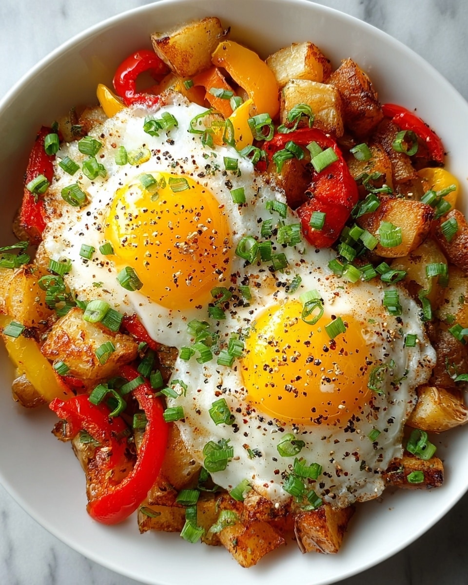 A white bowl filled with golden-brown crispy potato cubes mixed with red, yellow, and green pepper strips, all sprinkled with chopped green onions and black pepper. On top, two sunny-side-up eggs with bright yellow yolks sit in the center, sprinkled with more green onions and black pepper, adding a fresh garnish. The dish is colorful and textured, with the crispy potatoes and soft eggs contrasting nicely. The background is a white marbled surface. photo taken with an iphone --ar 4:5 --v 7