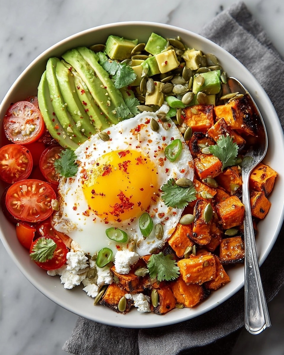 A white bowl filled with a layered dish starting with a base of bright orange roasted sweet potato cubes on one side, garnished with fresh green cilantro leaves and pumpkin seeds scattered on top. Next to it, there are pale green diced avocado pieces in one corner and three thick slices of avocado with a smooth texture in another. A sunny-side-up egg with a vibrant yellow yolk, white edges sprinkled with red spices and green chopped scallions sits at the center. On one side of the egg, there is a cluster of small, glossy red cherry tomato halves. Crumbled white cheese is sprinkled around the egg, adding a soft texture. A silver spoon rests inside the bowl, and the bowl is placed on a white marbled surface with a grey cloth napkin beside it. Photo taken with an iphone --ar 4:5 --v 7