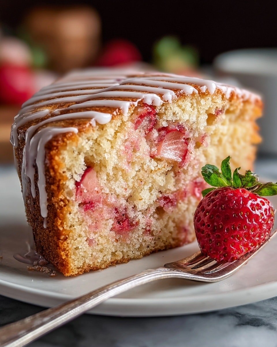 The image shows a close-up of a thick slice of strawberry cake placed on a white plate with a silver fork resting in front. The cake has two main layers of soft, moist, light beige sponge cake mixed generously with bright red strawberry pieces inside, giving it a fresh and slightly speckled look. The top layer has a light drizzle of white glaze, adding shine and a bit of texture. On the plate next to the cake slice, there is a whole, ripe, red strawberry adding color contrast. The background is a white marbled surface that highlights the food’s details clearly. photo taken with an iphone --ar 4:5 --v 7
