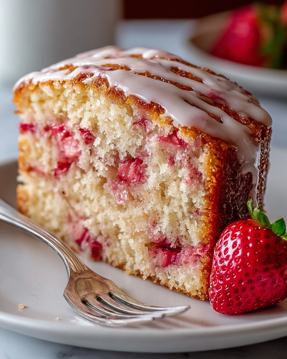 A close-up of a single thick slice of strawberry cake on a white plate with a silver fork in front. The cake has two main layers: a light golden brown crust on the outside and soft, moist inside with visible pieces of red strawberry throughout, giving a pinkish touch inside. The top is drizzled with thin white icing lines, and a fresh whole strawberry with green leaves sits beside the cake on the plate. The background shows a blurred dark setting with a white marbled texture surface underneath the plate. Photo taken with an iphone --ar 4:5 --v 7