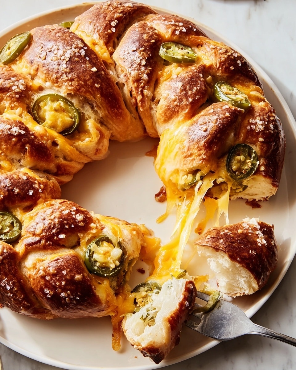 The image shows a braided bread ring filled with melted cheddar and mozzarella cheese, with slices of green jalapeño peppers tucked between the golden-browned layers of dough. The bread has a shiny, crispy crust sprinkled with coarse salt and is cut open to reveal stretchy, gooey orange and white cheese layers inside. The filling is evenly spread between five thick segments of soft bread that are curved into a circular shape on a white plate, which sits atop a white marbled surface. A small piece of the bread ring is held by a fork, showing the spongy interior and some cheese oozing out. photo taken with an iphone --ar 4:5 --v 7