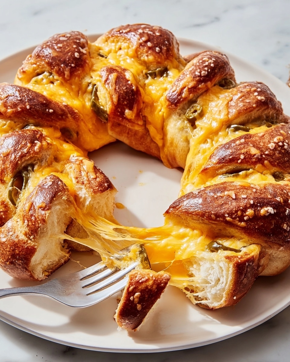 A twisted bread ring with a golden-brown crust sprinkled with coarse salt sits on a white plate over a white marbled surface. The bread has cut slits filled with green jalapeño slices and melted yellow and white cheese. The inside is soft and light with cheese stretching between two broken bread pieces. A fork holds a small bitten piece of bread with melted cheese and jalapeño inside. Photo taken with an iphone --ar 4:5 --v 7