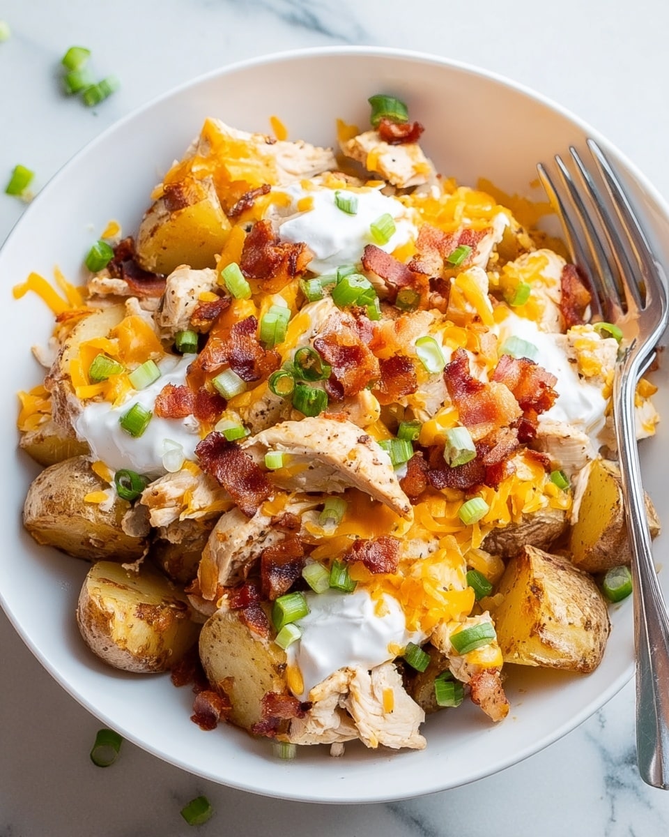 A white bowl filled with a layered dish starting with a base of seasoned roasted potato chunks with brown skin, topped with pieces of grilled chicken in light golden color, then a layer of melted bright orange cheddar cheese. Scattered over the cheese are small crisp pieces of reddish-brown bacon and dollops of white sour cream. Small green chopped scallions are sprinkled all over for color contrast. A silver fork rests inside the bowl on a white marbled surface. Photo taken with an iphone --ar 4:5 --v 7