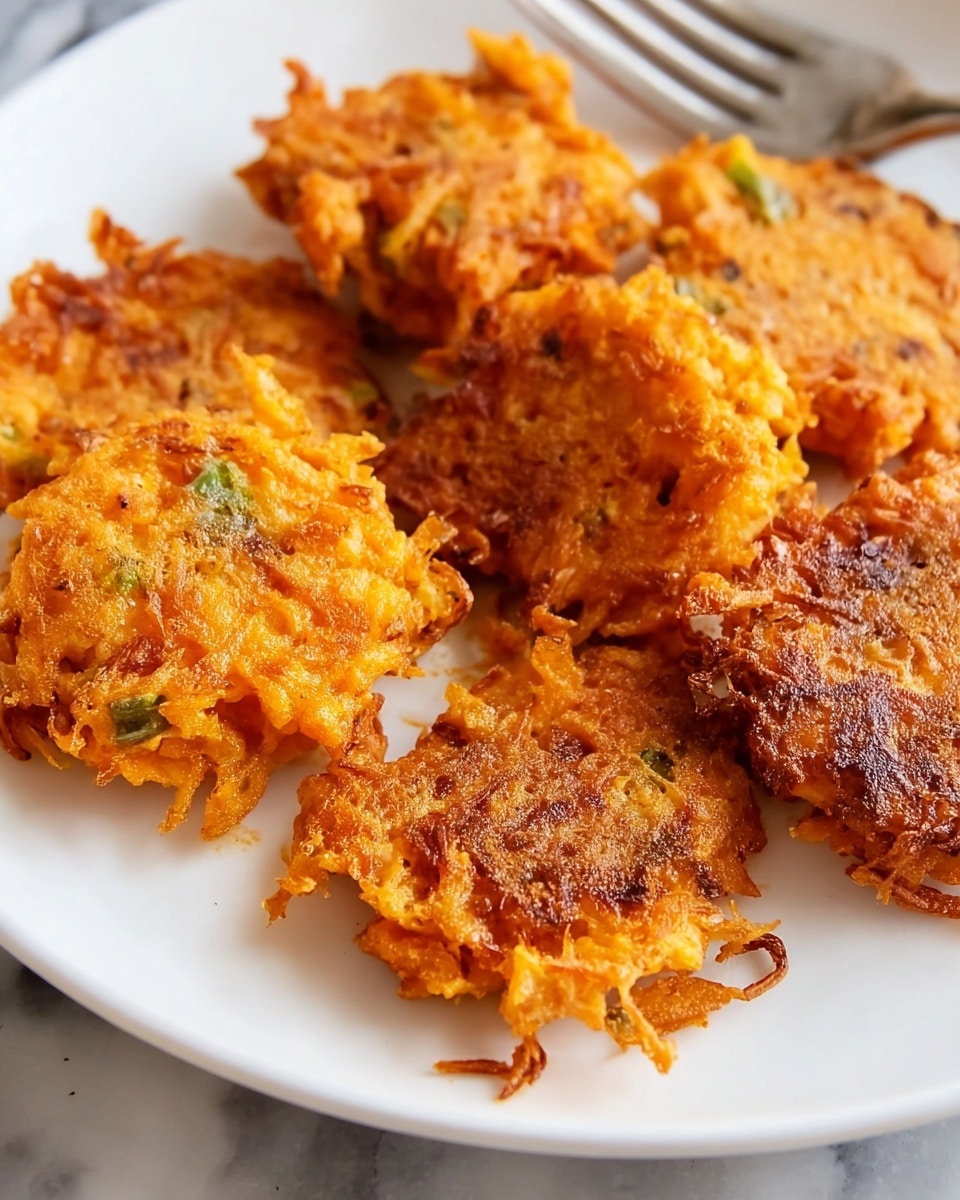 The image shows a white plate with five small, round, orange crispy fritters scattered on it. Each fritter has a rough texture with visible small green bits, likely peppers, and some dark brown crispy spots from frying. The fritters appear slightly uneven in shape, with a crunchy, shredded surface. The plate is set on a white marbled texture, and a little crumb is visible near the fritters. Photo taken with an iphone --ar 4:5 --v 7