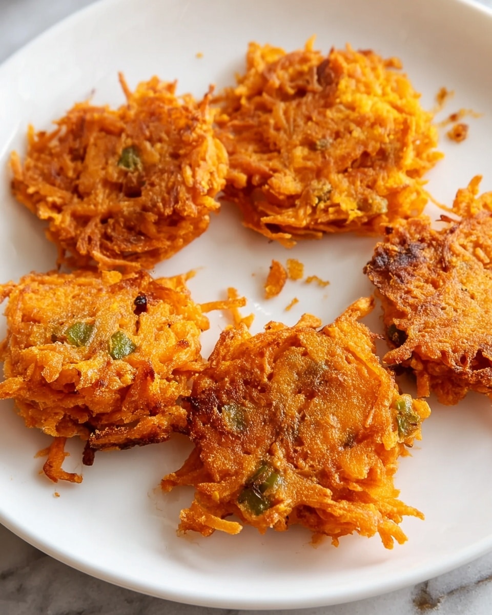 The image shows several small, round fritters on a white plate, each with a crispy, textured surface. The fritters are mostly orange with some darker, browned spots indicating they are fried or baked. There are small green pieces mixed into the fritters, adding bits of color and texture. The edges of the fritters appear uneven and crunchy, with some strands of shredded ingredient sticking out. The plate is placed on a white marbled surface, and a silver fork is partially visible in the background. Photo taken with an iphone --ar 4:5 --v 7