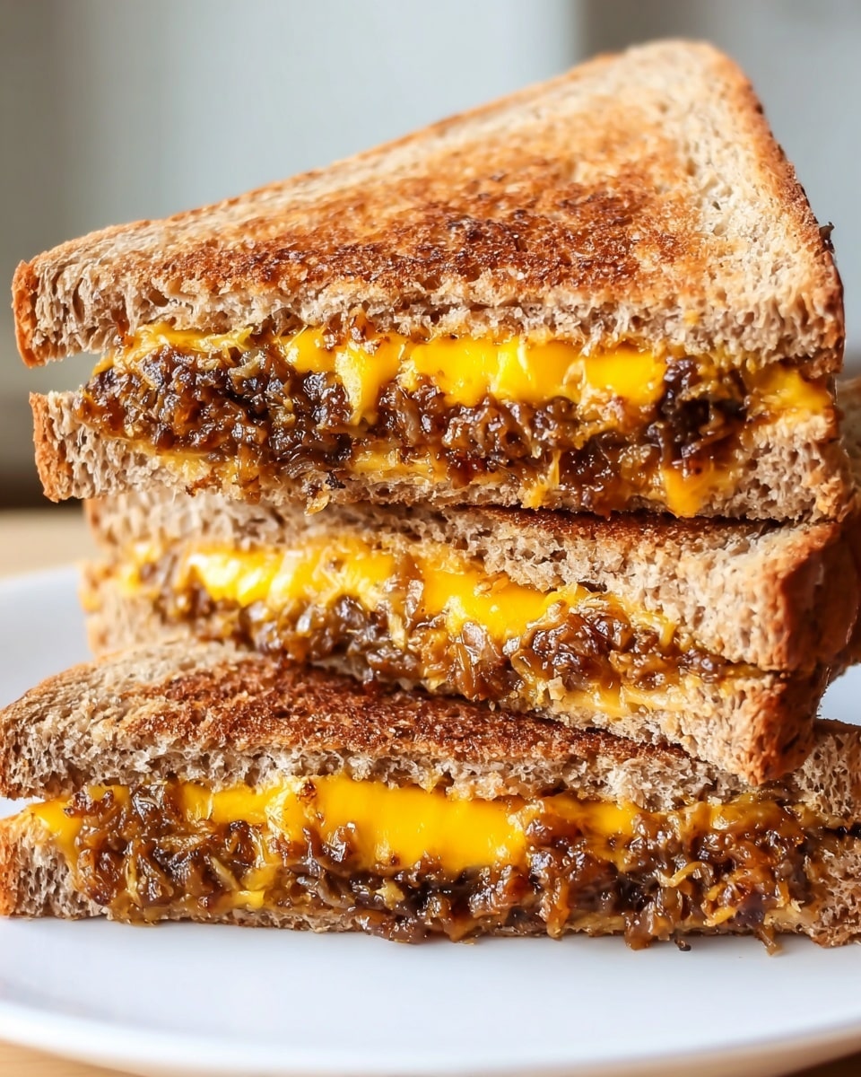The image shows a close-up of a grilled sandwich cut into three stacked triangular pieces on a white plate, placed against a white marbled texture. Each sandwich piece has two layers of toasted whole wheat bread with a light brown, crisp texture on top and bottom. Between the bread layers is a thick filling of melted bright orange cheddar cheese mixed with a chunky, dark brown textured mixture that looks like cooked lentils or mushrooms with bits of onion. The melted cheese oozes slightly from the edges, creating a rich and gooey look. The sandwich appears warm and fresh, with the crispy bread contrasting with the soft, melted filling. Photo taken with an iphone --ar 4:5 --v 7