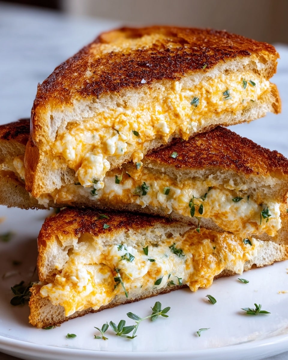 A grilled cheese sandwich is cut in half and stacked on a white plate with a white marbled texture background. The sandwich has two layers of golden brown, toasted bread with a slightly crisp texture. Between the bread slices is a gooey, melted cheese layer that is yellow and white, mixed with small pieces of green herbs. The cheese is melted out a little, showing a soft and stringy texture. The white plate has some small bits of melted cheese around the sandwich. photo taken with an iphone --ar 4:5 --v 7